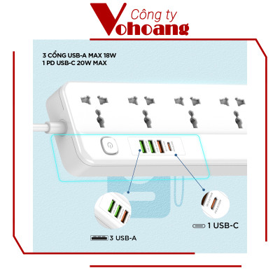 [Mỹ] Ổ cắm điện Energizer đa năng 5AC kèm 3USB-A và 1USB-C sạc nhanh PD (max PD 20W) - Energizer EPB2501EU