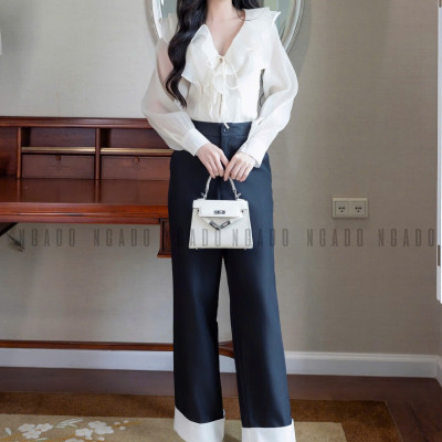Quần đen phối trắng NGADO, Quần tây nữ, Quần công sở, Quần ống đứng, ống rộng