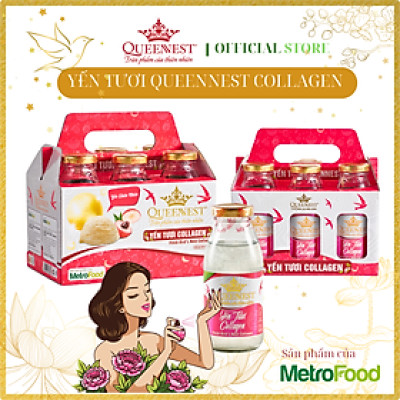 Yến tươi Queennest chai 240ml - hộp 6 chai - 5 vị: Hạt Chia, Hồng Sâm, Collagen, Vanilla, Nha Đam - Hàng Chính Hãng