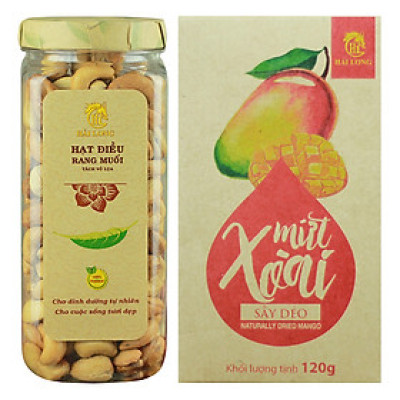 Combo Hạt Điều Rang Muối Tách Vỏ Lụa Hải Long (250g) + Mứt Xoài Sấy Dẻo Hải Long (120g)