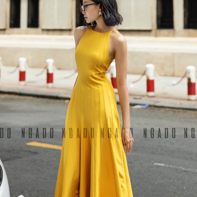 Đầm vàng cổ yếm NGADO, Đầm xòe hở vai, Đầm dự tiệc, Đầm dạo phố