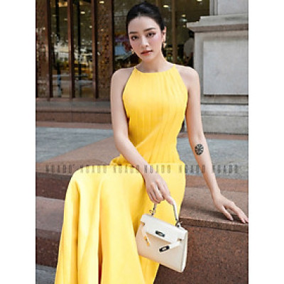 Đầm vàng chanh cổ yếm NGADO , đầm cổ yếm , đầm kiểu Nữ