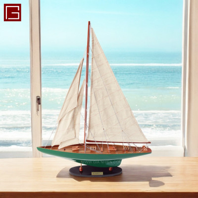 Mô hình thuyền gỗ phong thủy, thuyền buồm trang trí SHAMROCK PAINTED, thuyền gỗ trang trí hàng chính hãng