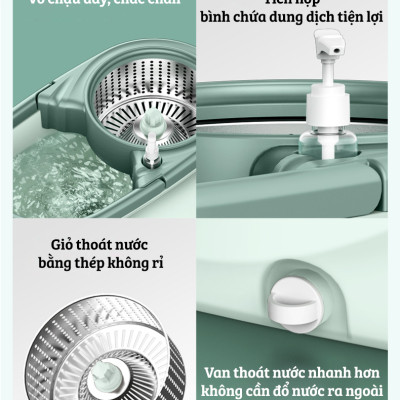 Bộ Cây Lau Nhà Tự Vắt Thông Minh Damas G720 - Chổi Lau Xoay 360 Độ, Giặt Sạch Vắt Khô Nhanh Chóng - Thiết Kế Nâng Cấp Bổ Sung Tay Kéo Giúp Di Chuyển Dễ Dàng - Chất Liệu Nhựa PP Cao Cấp Chống Mài Mòn Gia Tăng Thời Gian Sử Dụng - Hàng Chính Hãng