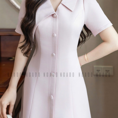 Đầm hồng cổ vest NGADO , đầm công sở , dự tiệc
