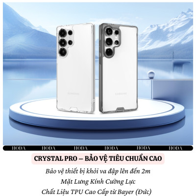Ốp lưng trong suốt chống sốc 2m cho Samsung Galaxy S25 Ultra hiệu HODA Crystal Pro - Viền TPU, lưng kính cường lực, chống va đập - Hàng nhập khẩu