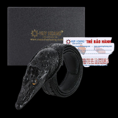 Dây nịt nam da cá sấu Huy Hoàng nguyên con lớn đầu cá sấu màu đen HP4252