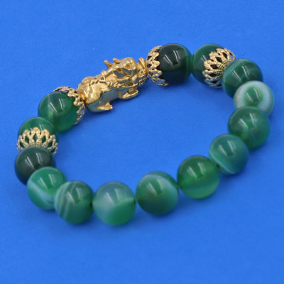 Vòng tay Thạch Anh Xanh Lá Sọc 12 ly - Vòng tay Tỳ Hưu Phong Thủy Chiêu Tài Lộc inox vàng VTAXLSTHBKV12