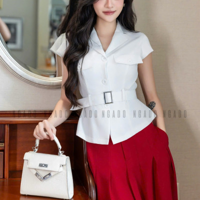 Set áo váy vest trắng đỏ NGADO , set áo váy vest , set công sở
