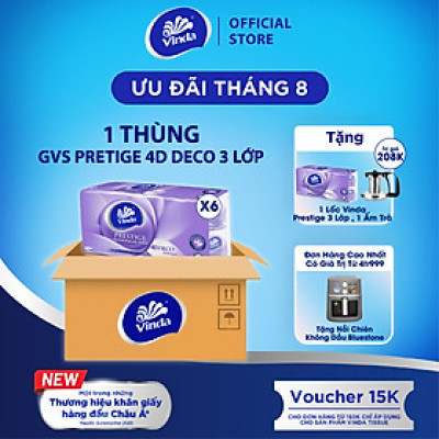 [MUA 1 THÙNG GVS PRESTIGE 4D TẶNG 1 LỐC GVS PRESTIGE 4D + ẤM TRÀ] Giấy vệ sinh cao cấp Vinda Prestige 4D 3 lớp (8 Cuộn)