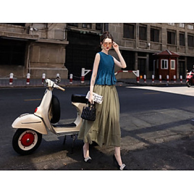 Set áo váy xanh xếp ly NGADO , set áo váy kiểu Nữ , set áo váy dài