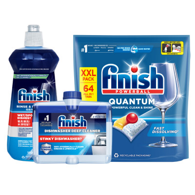 Combo Finish nâng cao 3:Viên Rửa Chén Bát Finish Powerball Quantum 64 viên + Nước làm bóng 500ml + Dung dịch vệ sinh máy