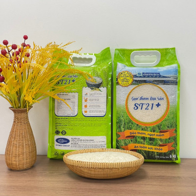 Gạo thơm đặc sản ST21+ Intimex túi 5kg - dẻo mềm, săn hạt, ngọt thơm