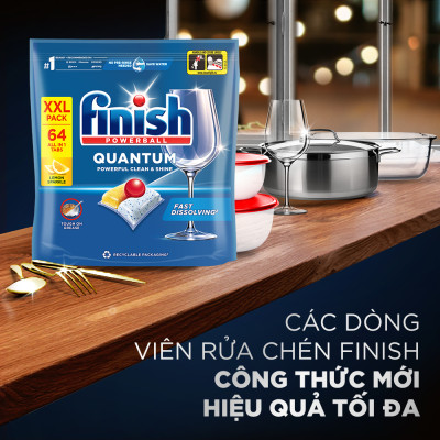 Combo 3 Viên Rửa Chén Bát Finish Powerball Quantum Powerful Clean & Shine 64 viên