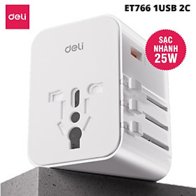 Ổ Cắm Chuyển Đổi Du Lịch Deli Sạc Nhanh 70W Củ Sạc Đa Năng DELI 4 Loại Chân Cắm Chuyển Đổi Dòng Điện