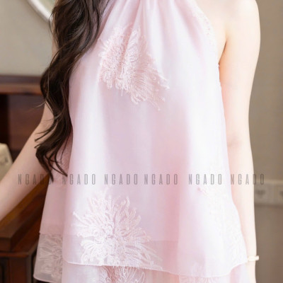 Áo yếm hồng thêu hoa NGADO , ào kiểu nữ , áo hở vai