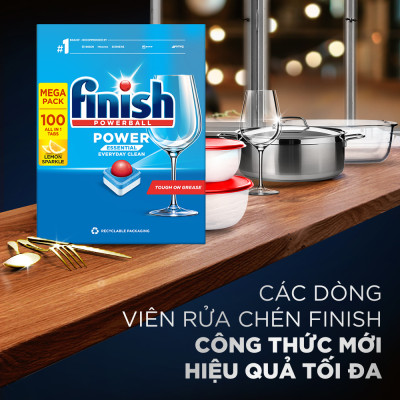 Combo Finish tiện lợi 4: Hộp 100 Viên Rửa Bát Essential + Nước Làm Bóng Finish 500ml + Dung dịch vệ sinh máy