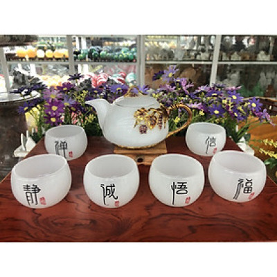 Bộ ấm trà chạm cây nho tím với ly chạm chữ đá bạch ngọc