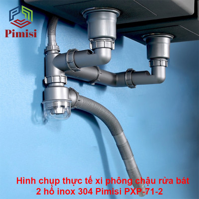 Bộ Xi Phông Xả Thải Bồn Rửa Chén 2 Hố Pimisi PXP-71-2 Cao Cấp - Loại Ống Thải Nhựa Cứng Không Đọng Nước - Cốc Inox 304 Phi 110mm (11cm), Lọc Rác, Bầu Chống Mùi Hôi Và Giảm Dầu Mỡ Ống Dẫn - Có Thoát Tràn | Hàng Chính Hãng
