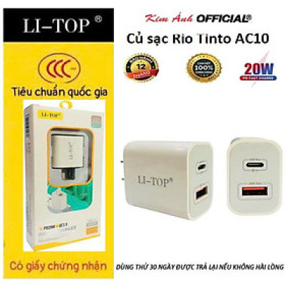 Củ sạc nhanh LI-TOP AC10, PD 20W, đạt chứng nhận 3C tiêu chuẩn quốc gia, hàng chính hãng cho dùng thử 30 ngày