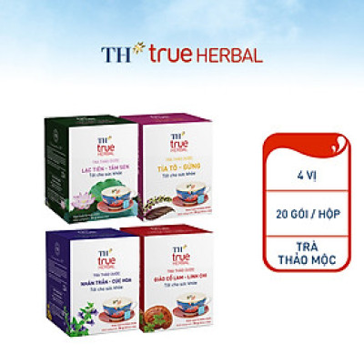 Bộ 4 hộp trà thảo dược TH true HERBAL Giảo cổ lam – Linh chi, Nhân trần – Cúc hoa, Lạc tiên – Tâm sen & Tía tô – Gừng (80 gói)