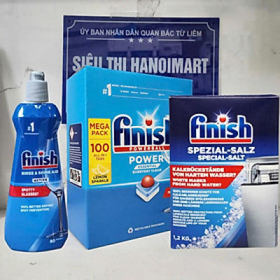 Viên rửa bát finish All in one 90 viên+Nước làm bóng finish 400ml+Muối rửa bát chén finish 1.2kg cho Máy rửa bát