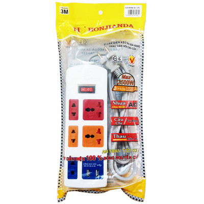 Ổ Cắm Điện Honjianda Loại 5 Ổ Có 2 Cổng USB - HJD-0436B-2U (Dây Dài 3m) - Giao màu ngẫu nhiên