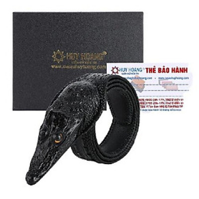 Dây nịt nam da cá sấu Huy Hoàng nguyên con lớn đầu cá sấu màu đen HC4252