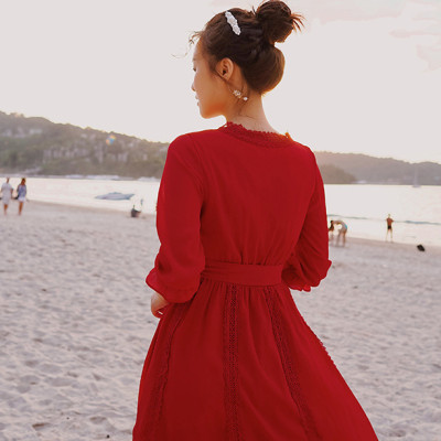 Váy maxi đi biển dài tay dáng lửng, cổ chữ V, lưng dây nơ điệu đà, thích hợp du lịch, đi biển, chụp ảnh | MX007