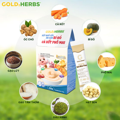 Bột ngũ cốc ăn dặm bí đỏ cà rốt phô mai GoldzHerbs cho bé từ 6 tháng tuổi – 250g/ 500g