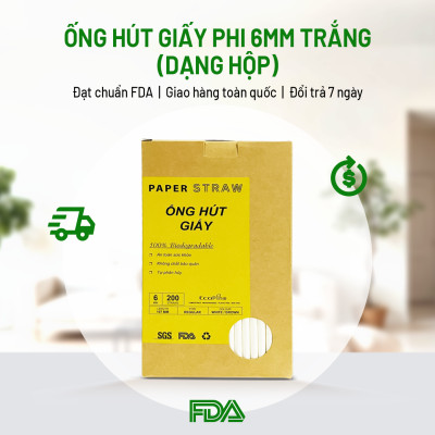 Hộp 200 ống hút giấy phi 6mm màu trắng ECOPINE - Dùng cho cafe, nước ngọt, nước ép