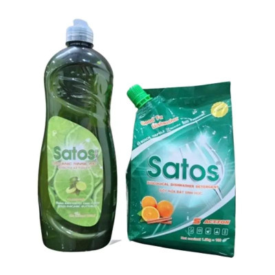 COMBO Bột rửa bát sinh học Satos+Muối 1.5kg+Bóng 800ml Hữu cơ - Dùng Cho Máy Rửa Bát