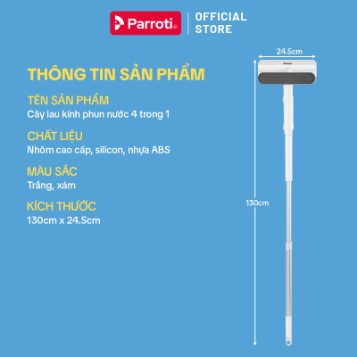 Cây lau kính, gạt chùi kính 4 trong 1, cán nhôm độ dài linh hoạt, thu nước trên kính, có phun sương Parroti Shiny SN04