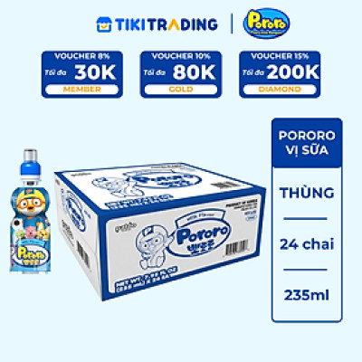 Thùng 24 Chai Nước Uống Pororo Hương Vị Sữa 235ml