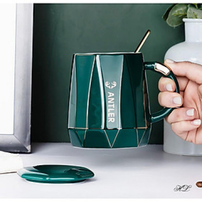 Cốc sứ xanh cổ vịt có nắp kèm thìa inox | CỐC UỐNG TRÀ CAFE XANH NGỌC BÍCH PHONG CÁCH BẮC ÂU DECOR