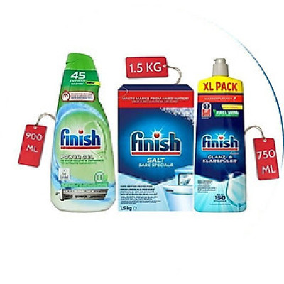 Combo Gel rửa bát Finish All in 1 Shine&Protect 650ml + Muối Finish 1.5kg + Nước làm bóng Finish 400 hương chanh