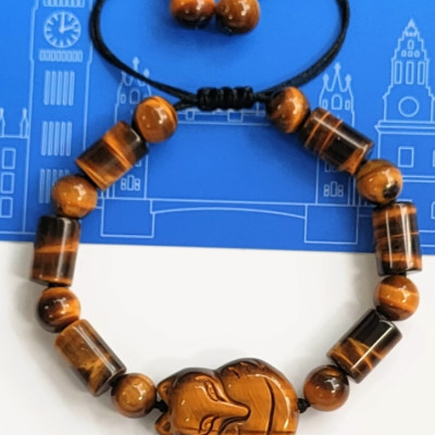 Vòng tay đá mắt hổ đốt trúc vàng nâu gắn hồ ly phong thủy cho Nữ