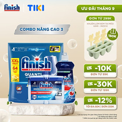 Combo Finish nâng cao 3:Viên Rửa Chén Bát Finish Powerball Quantum 64 viên + Nước làm bóng 500ml + Dung dịch vệ sinh máy