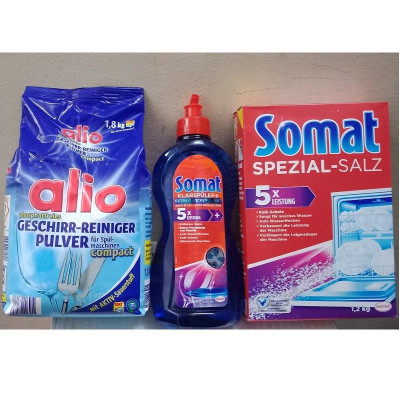 combo muối rửa bát , bôt rửa bát alio, nước làm bóng somat 500ml