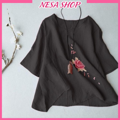 Áo kiểu nữ cổ tròn tay lỡ form rộng thoải mái, chất liệu Đũi cao cấp mềm mịn, mát, hoạ tiết Thêu tỉ mỉ NeSa Shop AKH.57