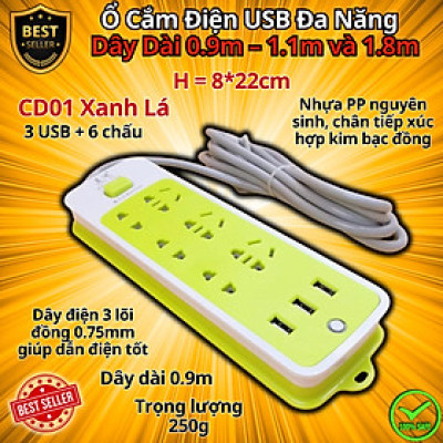 Ổ Cắm Điện USB Đa Năng Cao Cấp Chống Giật Dây Dài 0.9m – 1.1m và 1.8m, Ổ Cắm Điện Công Suất 2500W Có Chốt An Toàn, Nhiều Lựa Chọn, Nhựa Nguyên Sinh