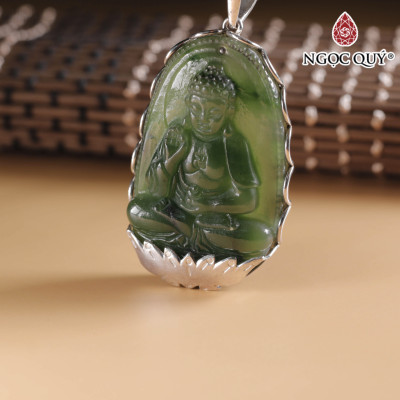 Mặt dây chuyền Phật Adi ngọc bích nephrite bọc bạc size lớn 33x51mm mệnh mộc, mệnh hỏa - Ngọc Quý Gemstones