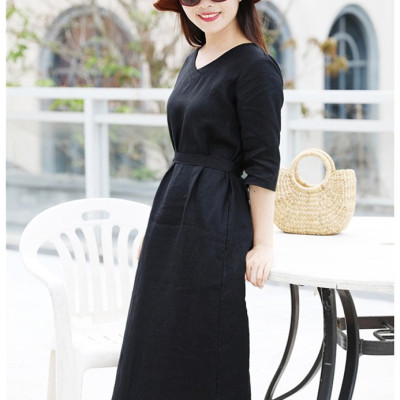 Đầm suông linen nữ cổ V tay lỡ, tặng kèm dây thắt eo xinh, đầm màu đen sang trọng NH198 đen