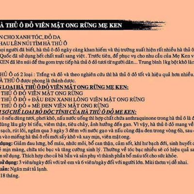 HÀ THỦ Ô ĐỎ NGUYÊN CHẤT VIÊN MẬT ONG RỪNG MẸ KEN