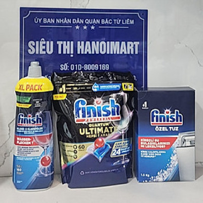Combo Viên rửa bát Finish Quantum 60 viên hương chanh + Muối Finish 1.5kg + Nước làm bóng Finish 750ml