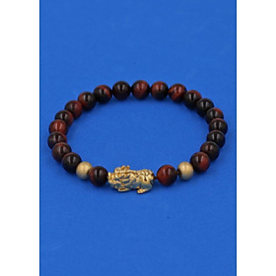 Vòng đeo tay đá Mắt Hổ đỏ đen 6 ly cẩn Tỳ Hưu inox vàng VMHOETHHBV6