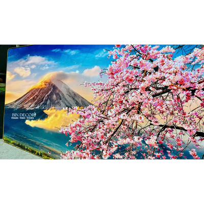 (ẢNH CHỤP) Tranh treo tường tráng gương núi phú sĩ và cành hoa uv mặt mica sáng bóng