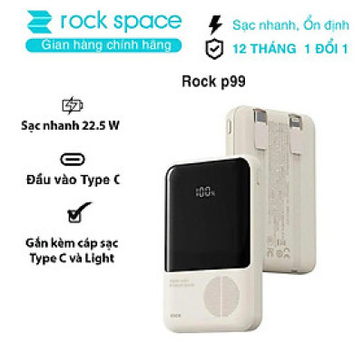 Pin dự phòng sạc nhanh ROCK P99 PD 22.5W 20000mAh có cáp tích hợp , hàng chính hãng bảo hành 1 năm
