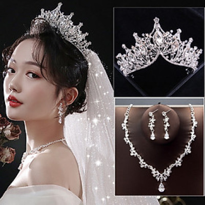Bộ trang sức cô dâu 3 món vương miện cô dâu vòng cổ và bông tai đính đá tinh tế sang trọng