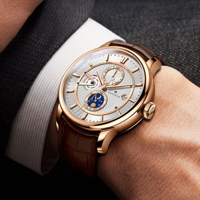 Đồng hồ nam Poniger P813-1 Chính hãng ,Kính sapphire nguyên khối ,chống xước,chống nước 50m,mặt trắng vỏ vàng hồng dây da nâu ( đen) xịn,vỏ máy thép không gỉ 316L,Đồng hồ cơ (Automatic) bảo hành 24 tháng, hàng mới 100%,thiết kế trẻ trung và sang trọng